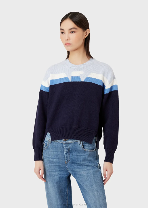 Women 086V190 Straight, Plain-Knit Jumper With Reverse Side With Eagle Intarsia Armani Pattern