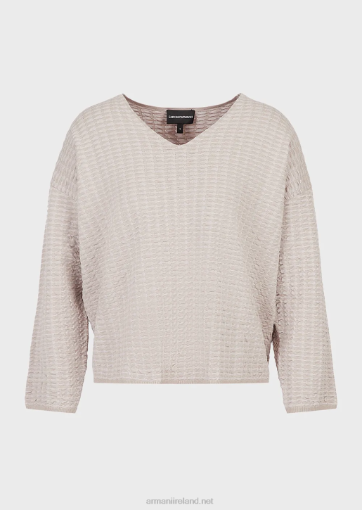 Women 086V194 V-Neck Jumper In 3D-Effect Two-Toned Fabric Armani Beige