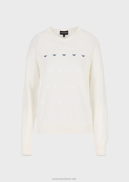 Women 086V199 Plain-Knit, V-Neck Jumper With Eagle Embroidery Armani