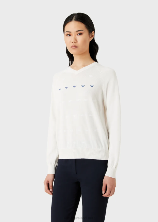 Women 086V199 Plain-Knit, V-Neck Jumper With Eagle Embroidery Armani