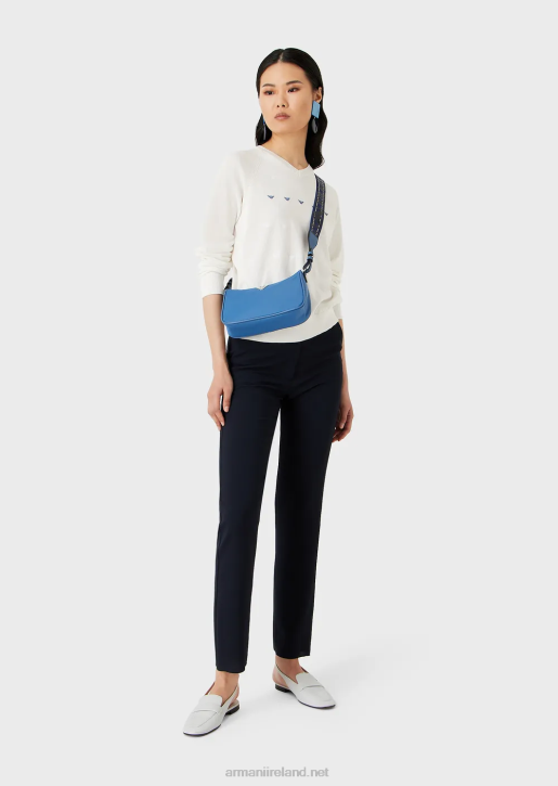 Women 086V199 Plain-Knit, V-Neck Jumper With Eagle Embroidery Armani