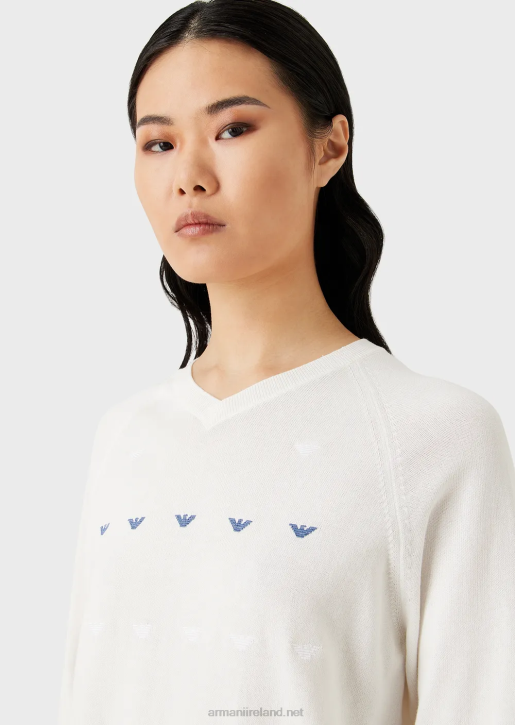 Women 086V199 Plain-Knit, V-Neck Jumper With Eagle Embroidery Armani