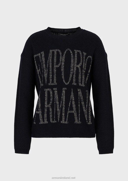 Women 086V200 Corn-On-The-Cob Stitch Wool-Blend Jumper With Jacquard Logo Armani Navy Blue