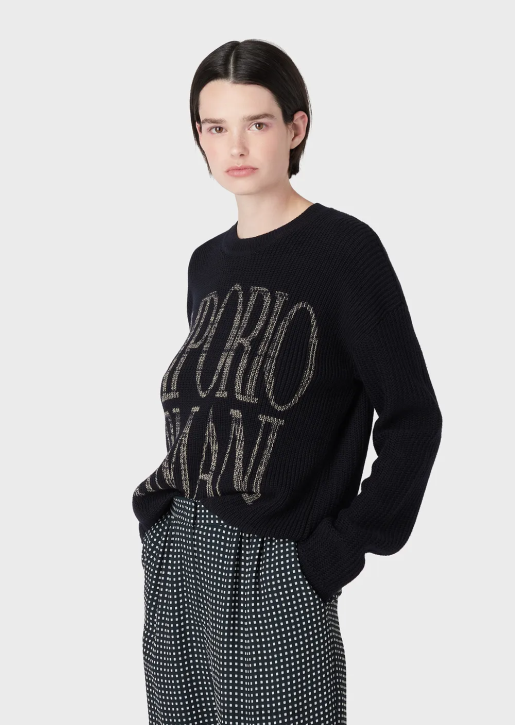 Women 086V200 Corn-On-The-Cob Stitch Wool-Blend Jumper With Jacquard Logo Armani Navy Blue
