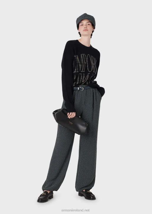 Women 086V200 Corn-On-The-Cob Stitch Wool-Blend Jumper With Jacquard Logo Armani Navy Blue