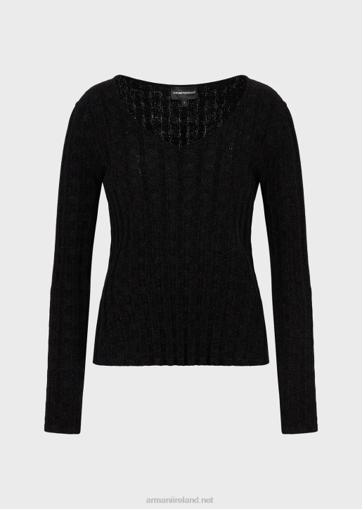 Women 086V201 V-Neck Jumper In Lurex Check Jacquard Fabric Armani Black