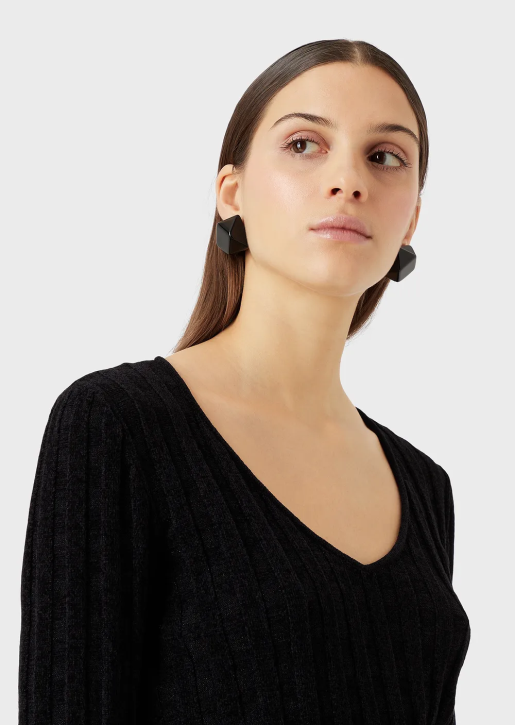 Women 086V201 V-Neck Jumper In Lurex Check Jacquard Fabric Armani Black