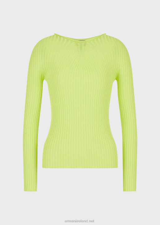 Women 086V208 Seamless Ribbed Jumper With Stretch-Fabric Striped Yoke Armani Lime Green