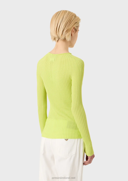 Women 086V208 Seamless Ribbed Jumper With Stretch-Fabric Striped Yoke Armani Lime Green