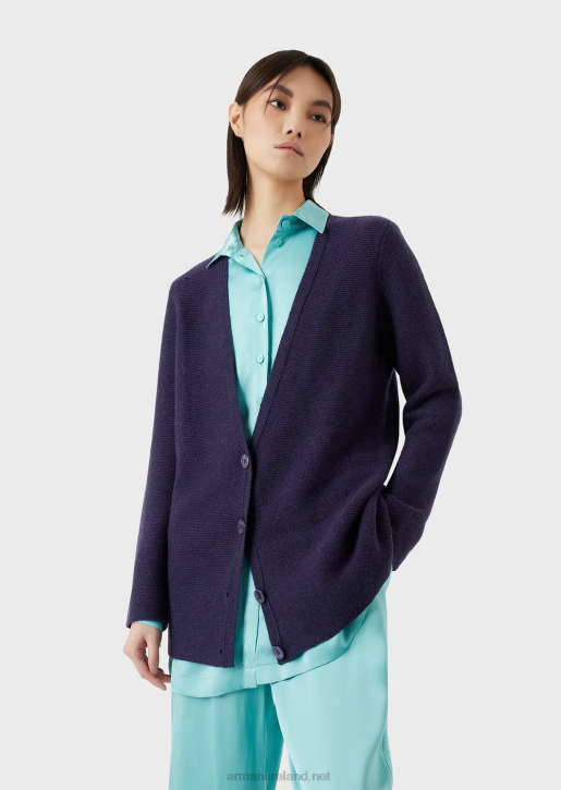 Women 086V210 Seamless V-Neck Cardigan In Links-Stitch Wool And Cashmere Armani Purple