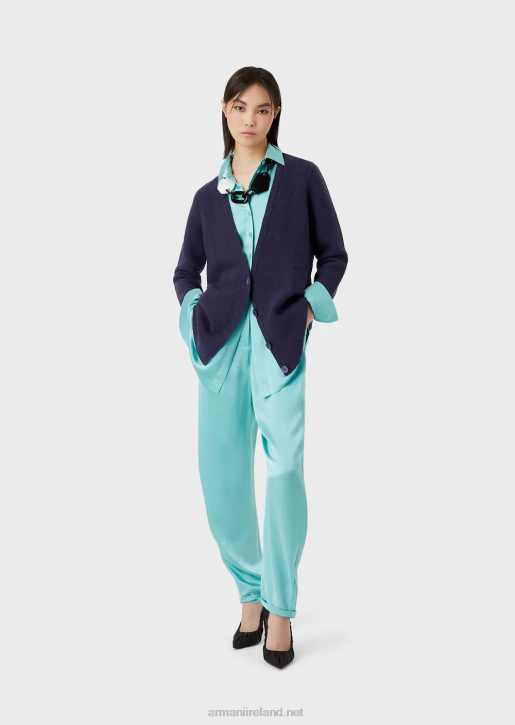 Women 086V210 Seamless V-Neck Cardigan In Links-Stitch Wool And Cashmere Armani Purple