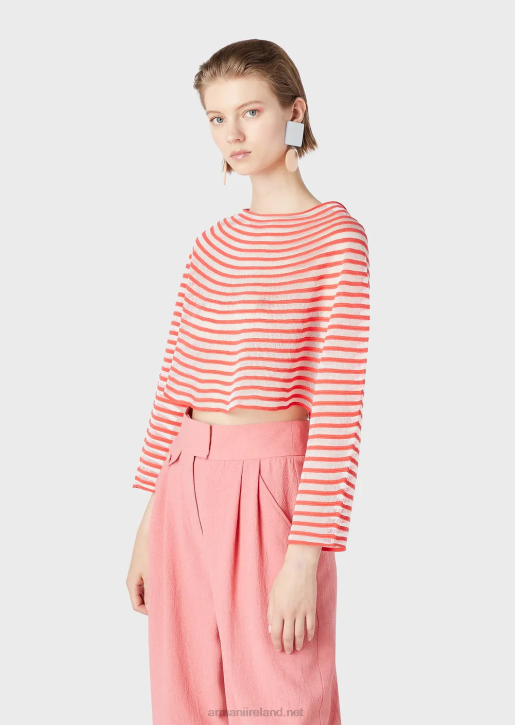 Women 086V213 Cropped Jumper With Semi-Sheer Striped Jacquard Design Armani Red