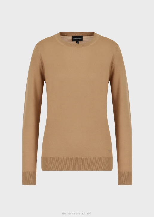 Women 086V220 Crew-Neck Jumper In Pure Virgin Wool Armani Camel