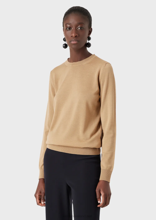 Women 086V220 Crew-Neck Jumper In Pure Virgin Wool Armani Camel