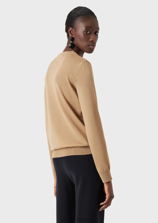 Women 086V220 Crew-Neck Jumper In Pure Virgin Wool Armani Camel