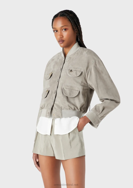Women 086V234 Goatskin Suede Multi-Pocket Jacket Armani Dove Grey