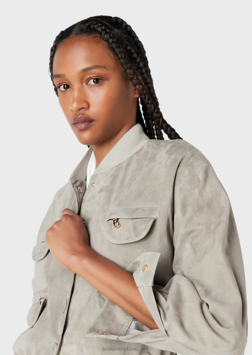 Women 086V234 Goatskin Suede Multi-Pocket Jacket Armani Dove Grey