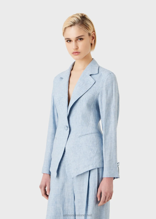 Women 086V413 Single-Breasted Jacket In Jaspe Linen With Cord Detail At The Cuffs Armani Azure