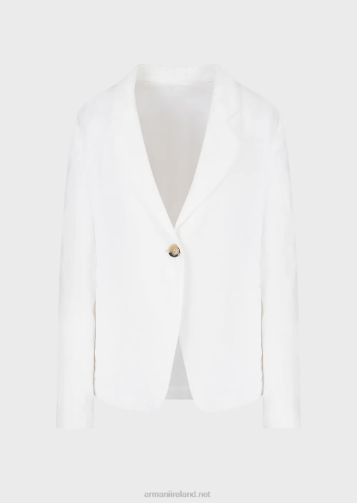 Women 086V417 Single-Breasted Jacket With Peephole And Self-Tie Back In A Shantung-Effect Linen Blend Armani White