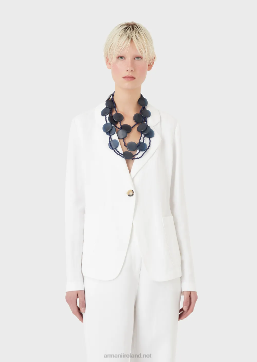 Women 086V417 Single-Breasted Jacket With Peephole And Self-Tie Back In A Shantung-Effect Linen Blend Armani White