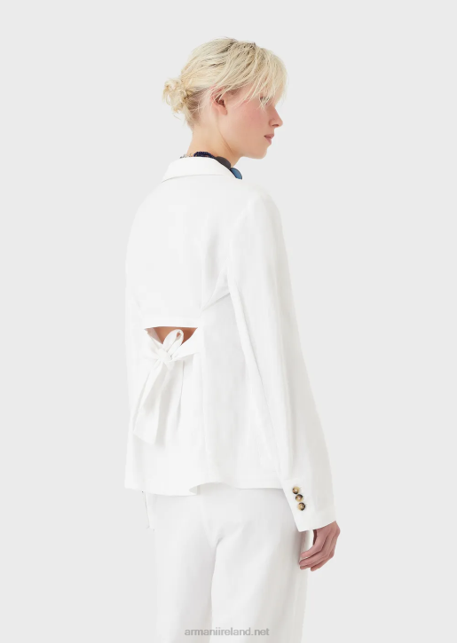 Women 086V417 Single-Breasted Jacket With Peephole And Self-Tie Back In A Shantung-Effect Linen Blend Armani White