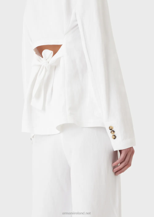 Women 086V417 Single-Breasted Jacket With Peephole And Self-Tie Back In A Shantung-Effect Linen Blend Armani White