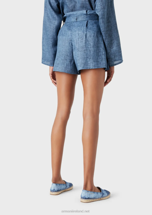 Women 086V262 Mare Capsule Collection Faded Linen Belted Shorts With Bow Armani Blue