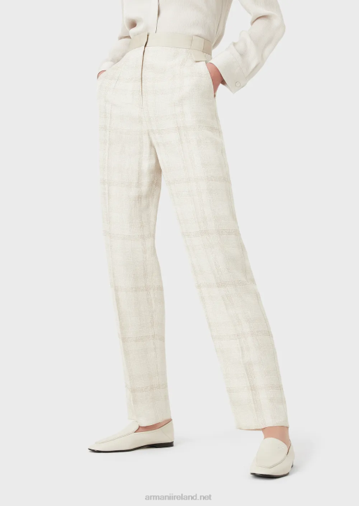 Women 086V263 High-Waisted Trousers In Prince Of Wales Linen Blend Armani Beige