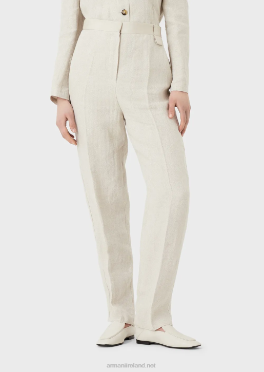 Women 086V264 High-Waisted, Micro-Chevron Linen-Blend Trousers Armani Beige