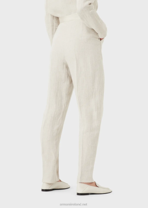 Women 086V264 High-Waisted, Micro-Chevron Linen-Blend Trousers Armani Beige