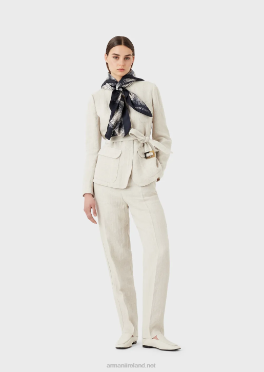 Women 086V264 High-Waisted, Micro-Chevron Linen-Blend Trousers Armani Beige