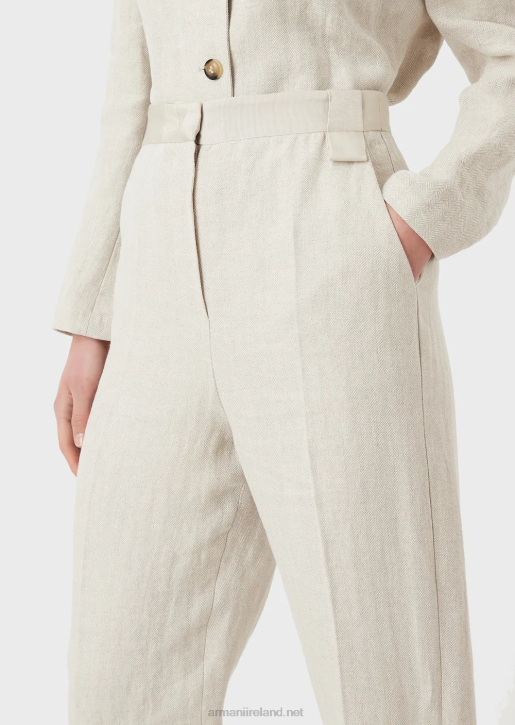 Women 086V264 High-Waisted, Micro-Chevron Linen-Blend Trousers Armani Beige