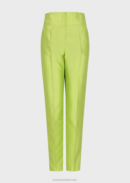 Women 086V272 High-Waisted 7/8 Trousers In A Shantung-Silk Blend Armani Lime Green