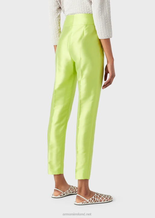 Women 086V272 High-Waisted 7/8 Trousers In A Shantung-Silk Blend Armani Lime Green