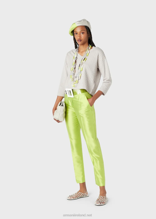 Women 086V272 High-Waisted 7/8 Trousers In A Shantung-Silk Blend Armani Lime Green