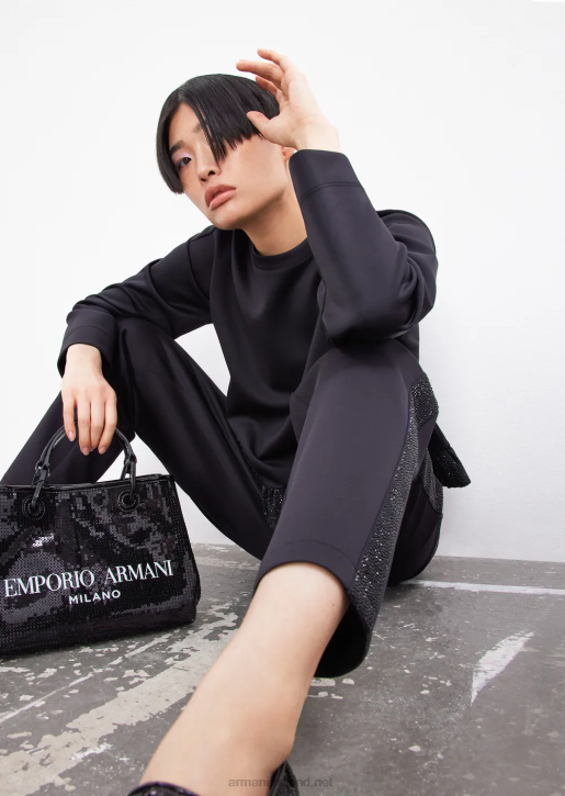 Women 086V288 Scuba-Fabric Trousers With Rhinestone Band Armani Black