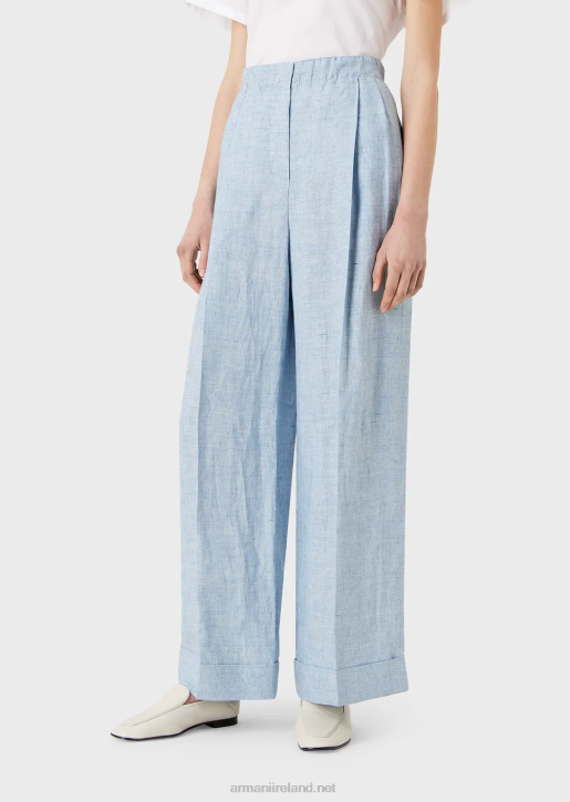 Women 086V295 Jaspe-Linen Trousers With Elasticated Waist And Turn-Ups Armani Azure