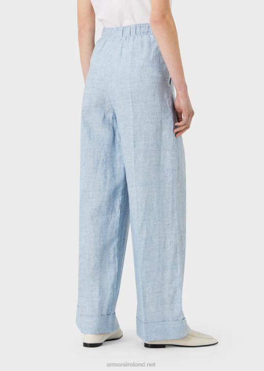 Women 086V295 Jaspe-Linen Trousers With Elasticated Waist And Turn-Ups Armani Azure