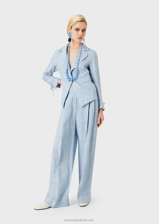 Women 086V295 Jaspe-Linen Trousers With Elasticated Waist And Turn-Ups Armani Azure