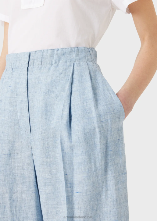 Women 086V295 Jaspe-Linen Trousers With Elasticated Waist And Turn-Ups Armani Azure