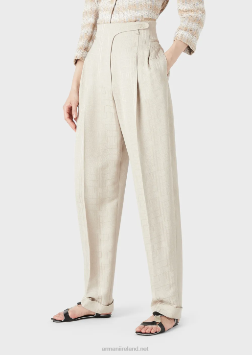 Women 086V299 High-Waisted Trousers With Turn-Ups In Armure Viscose With A Shiny Geometric Pattern Armani Beige