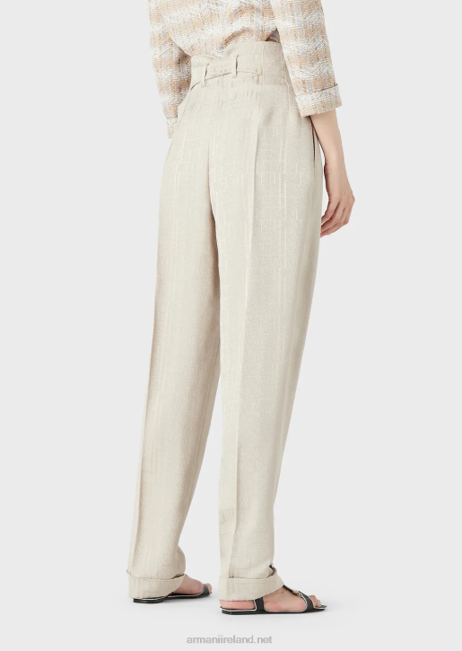Women 086V299 High-Waisted Trousers With Turn-Ups In Armure Viscose With A Shiny Geometric Pattern Armani Beige
