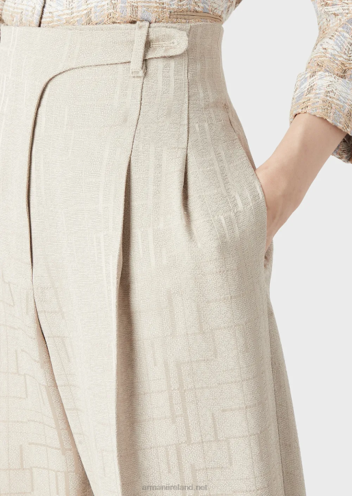 Women 086V299 High-Waisted Trousers With Turn-Ups In Armure Viscose With A Shiny Geometric Pattern Armani Beige