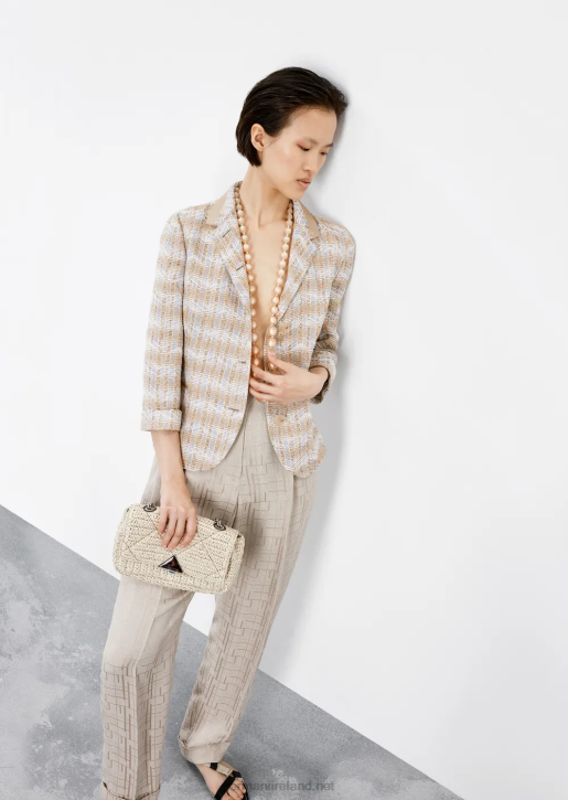 Women 086V299 High-Waisted Trousers With Turn-Ups In Armure Viscose With A Shiny Geometric Pattern Armani Beige