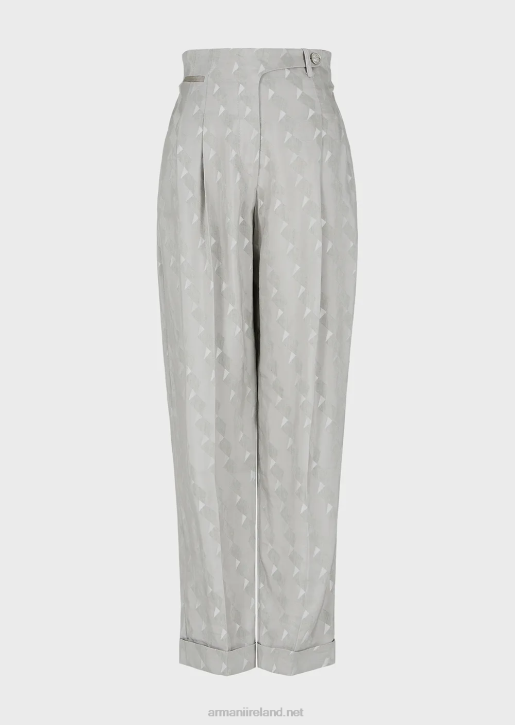 Women 086V300 High-Rise Trousers With Turn-Ups In A Fluid Cupro-And-Linen-Blend Jacquard With A Geometric Pattern Armani Gray