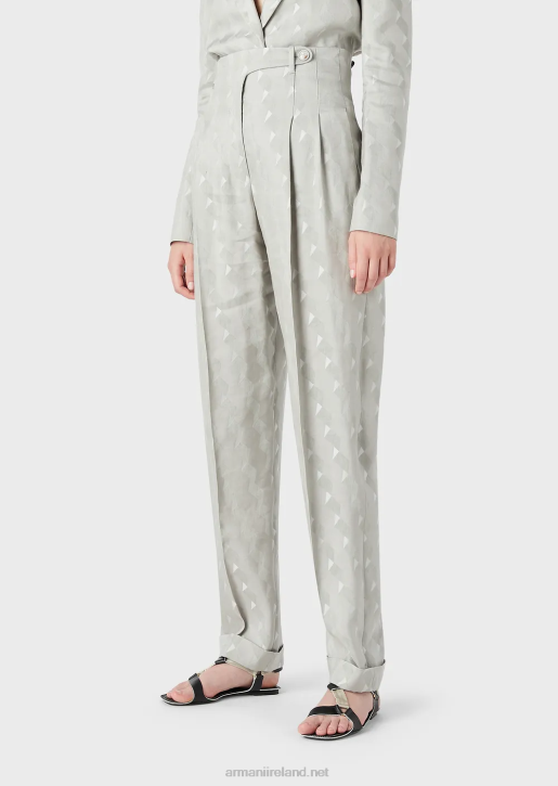 Women 086V300 High-Rise Trousers With Turn-Ups In A Fluid Cupro-And-Linen-Blend Jacquard With A Geometric Pattern Armani Gray