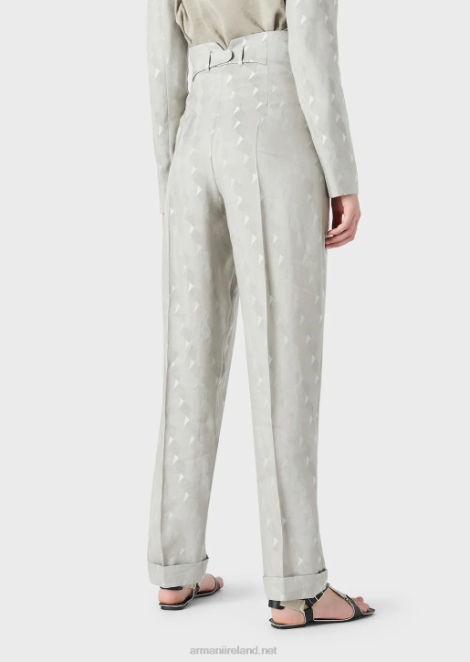Women 086V300 High-Rise Trousers With Turn-Ups In A Fluid Cupro-And-Linen-Blend Jacquard With A Geometric Pattern Armani Gray