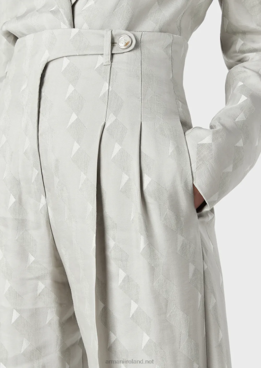 Women 086V300 High-Rise Trousers With Turn-Ups In A Fluid Cupro-And-Linen-Blend Jacquard With A Geometric Pattern Armani Gray