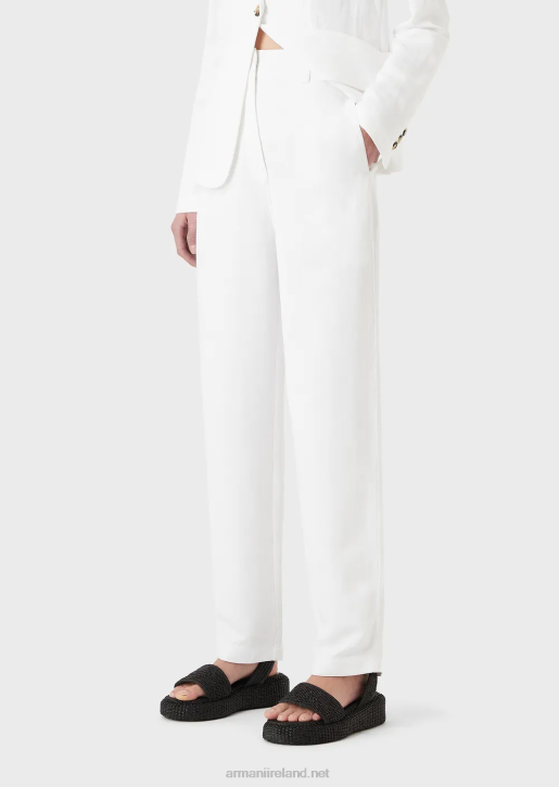 Women 086V317 High-Waisted 7/8 Trousers In A Shantung-Effect Linen Blend Armani White