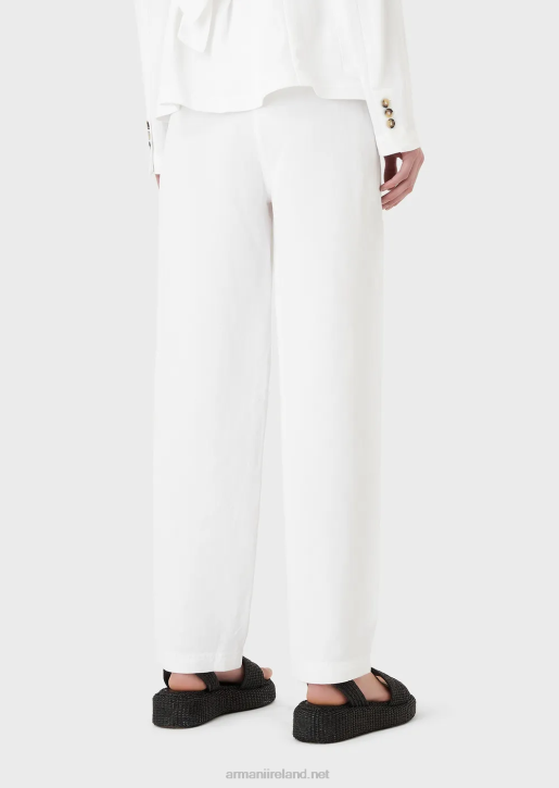 Women 086V317 High-Waisted 7/8 Trousers In A Shantung-Effect Linen Blend Armani White